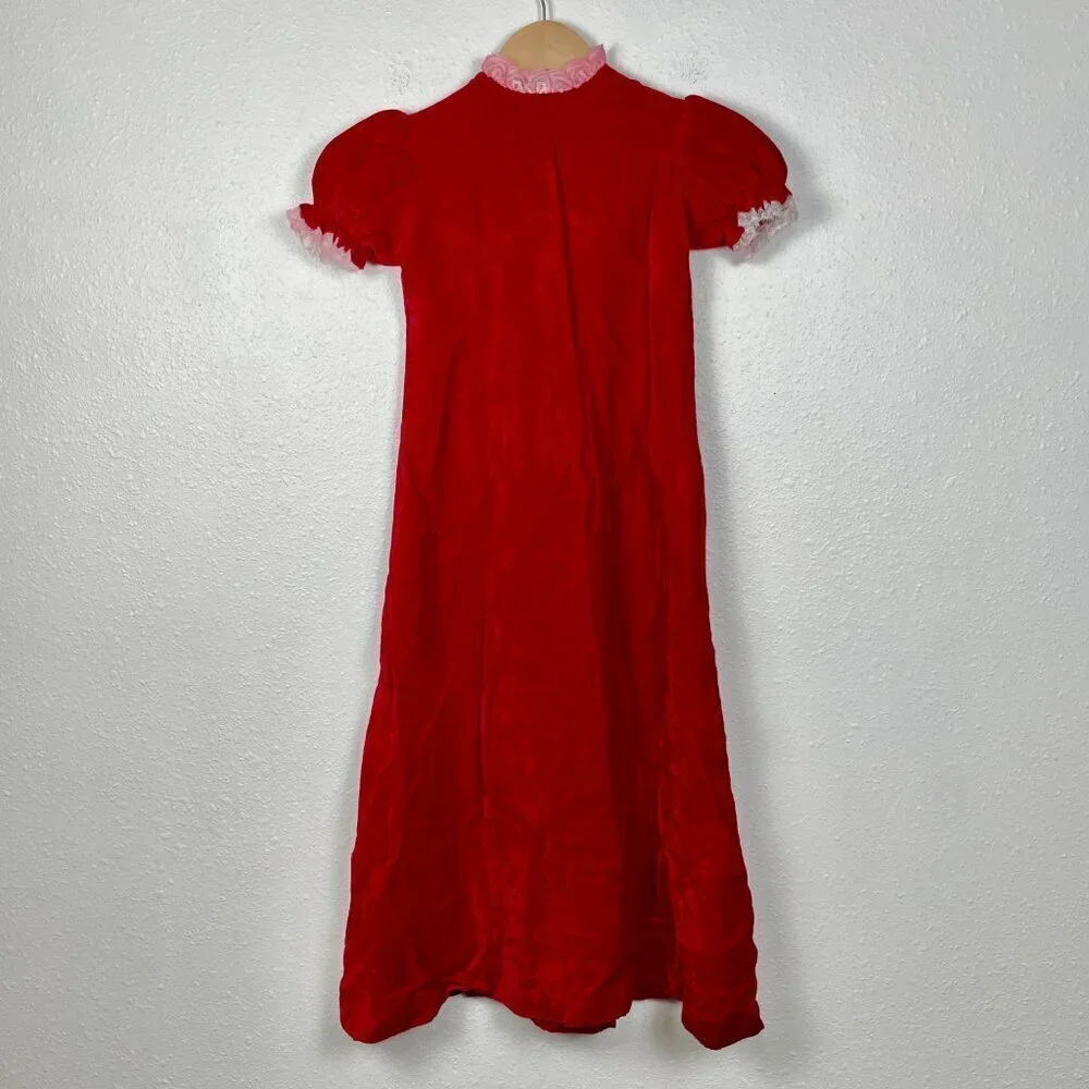 Vintage Little Girls Long Maxi Length Velvet Christmas Dress w. Bubble sleeves 6